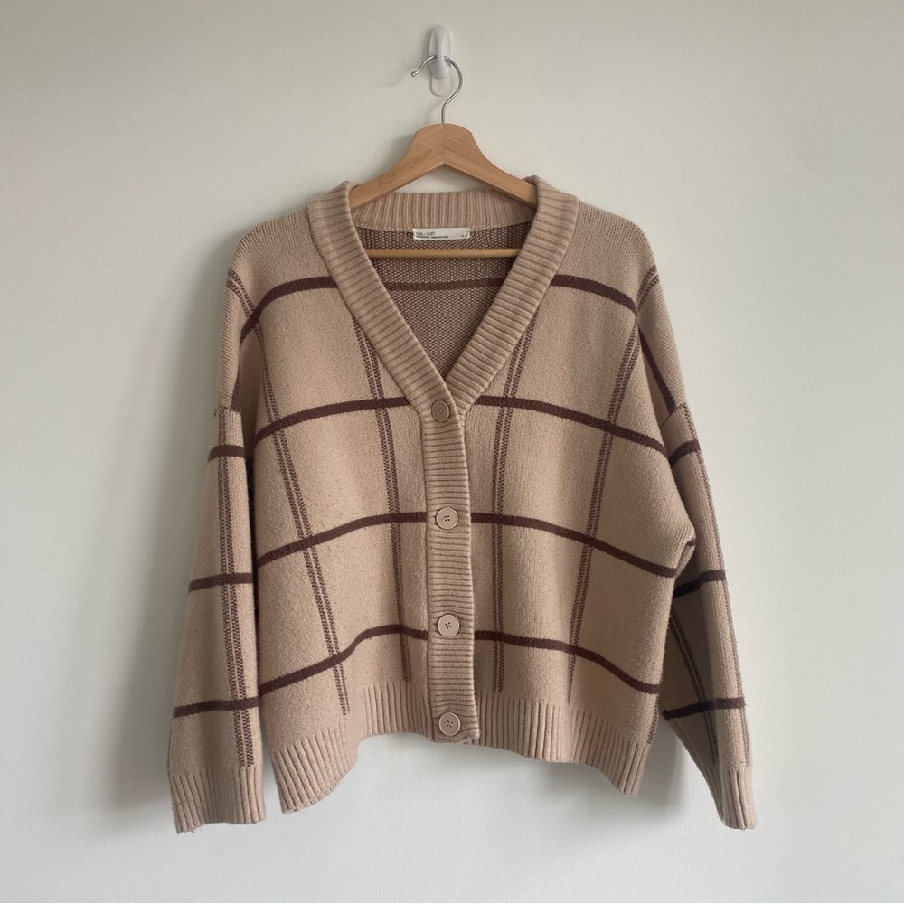 Oak + Fort Oversized Plaid Cardigan Beige Tan